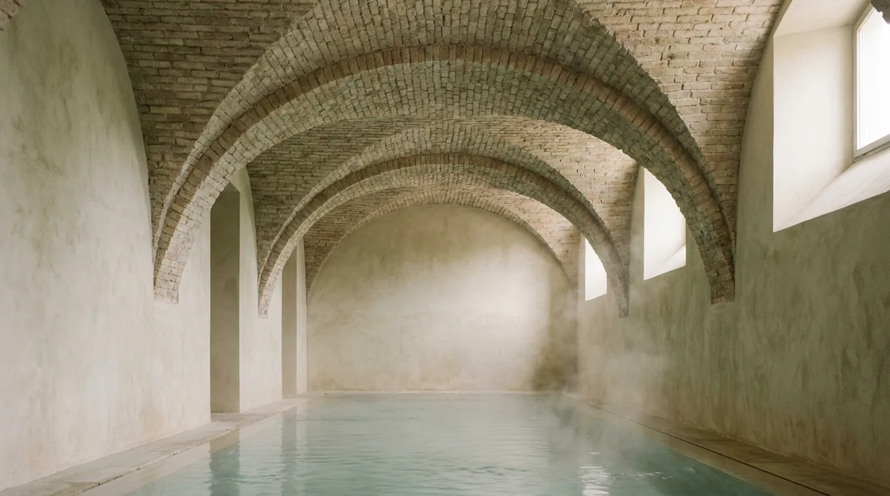 Bóveda de ladrillo restaurada sobre una piscina termal con vapor, vista ligeramente en ángulo.