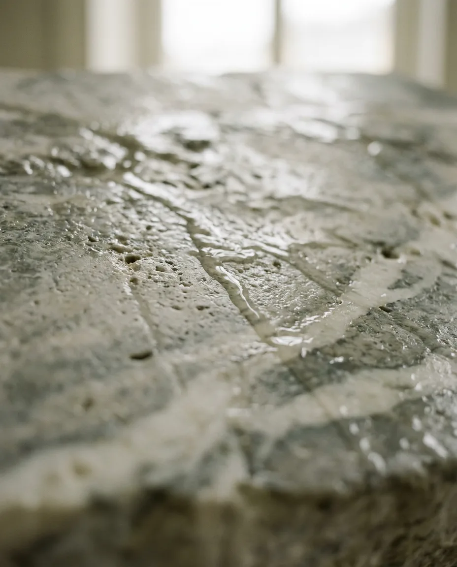 Primer plano vertical de mármol de Markina con agua corriendo fina sobre la superficie.