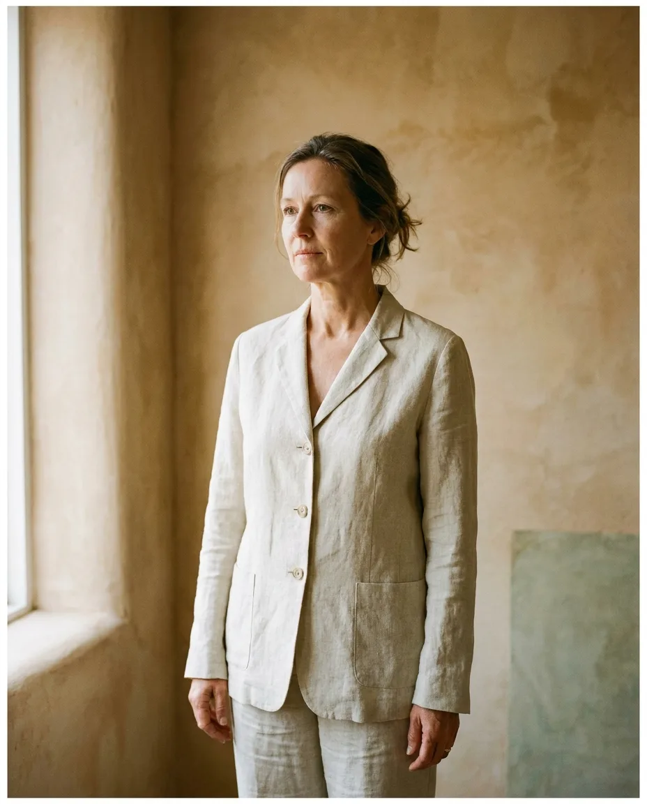 Retrato de Maider Etxeberria, fundadora de ÁUREA, con uniforme de lino color hueso.