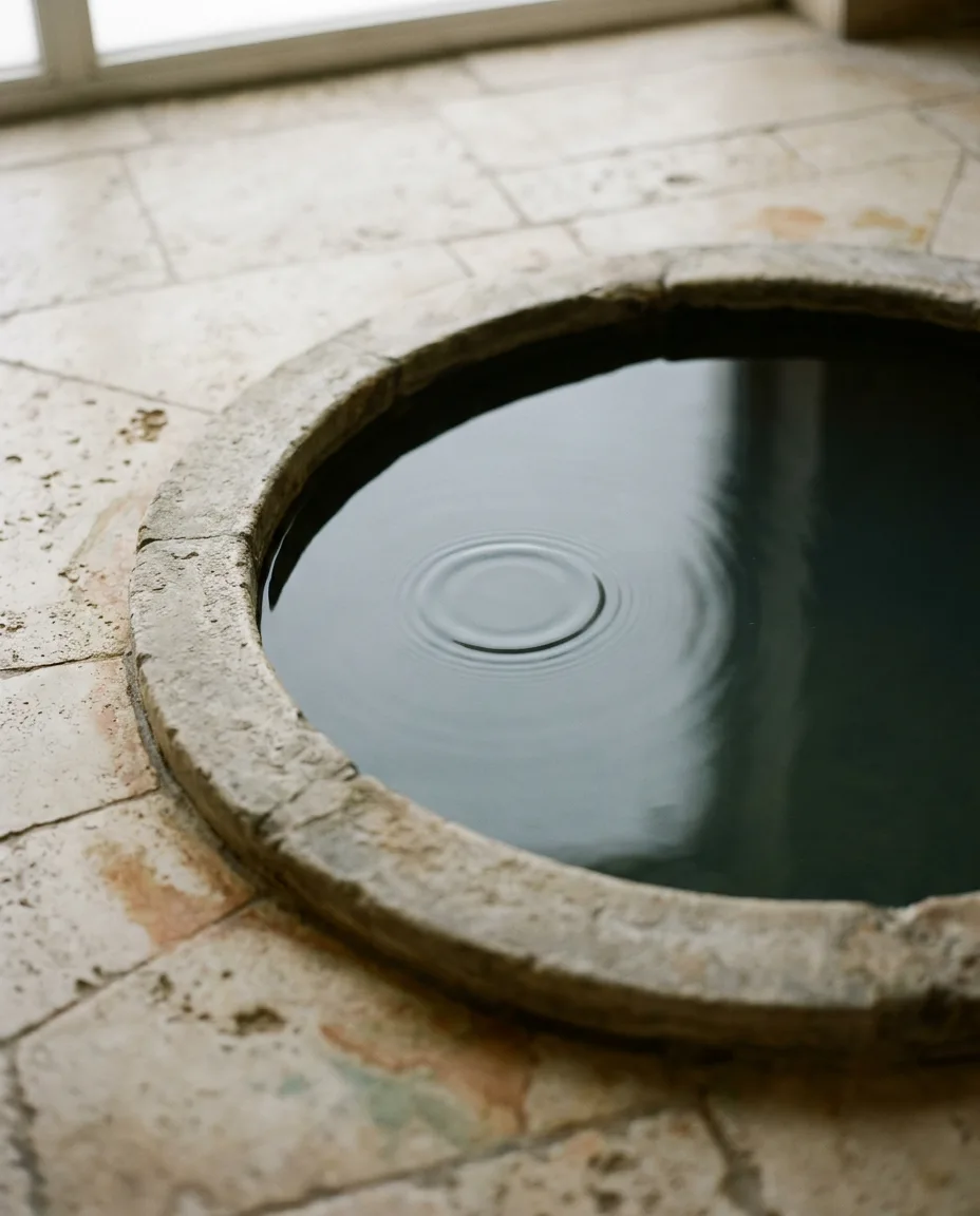 Vista cenital del borde de piedra de una piscina termal circular, agua oscura en calma con una onda.
