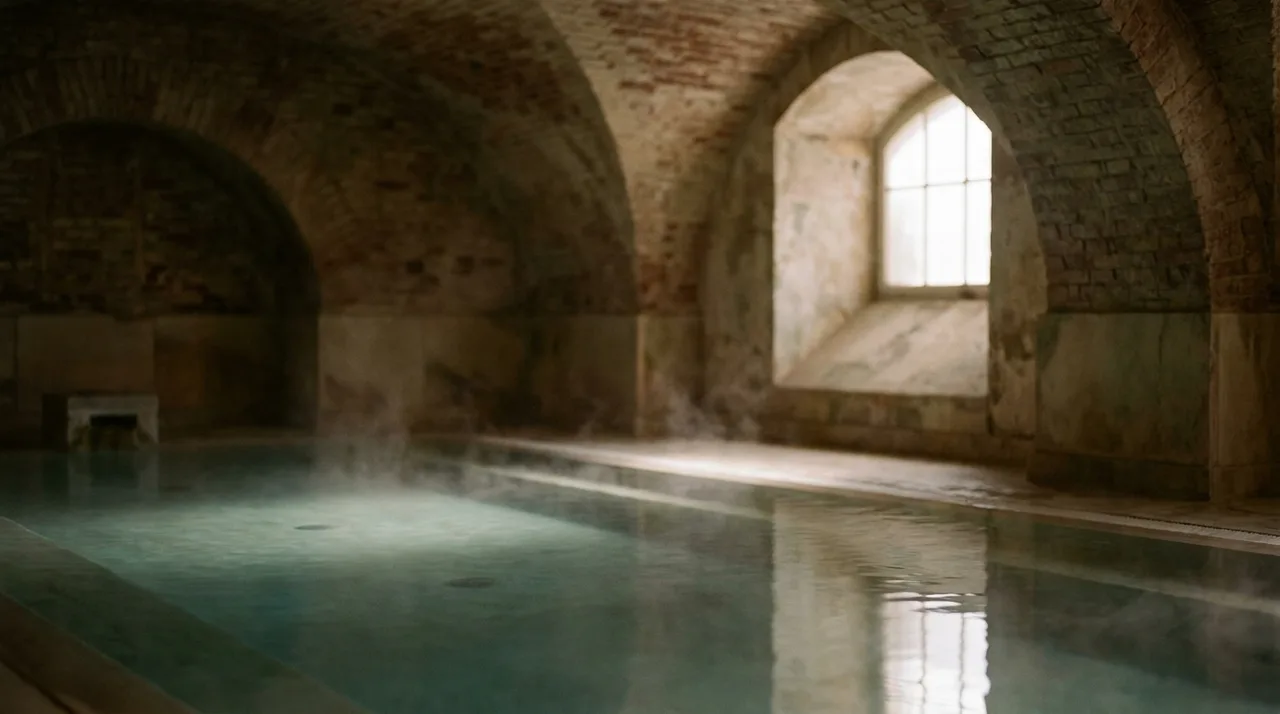 Bóveda de ladrillo del siglo XX sobre una piscina termal en calma, con una lámina de agua tranquila en primer plano.